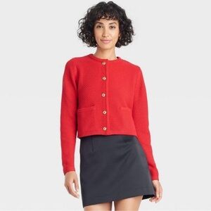 Women's Ribbed Cuff Button-Front Cardigan - A New Day™, Red, Size XXL